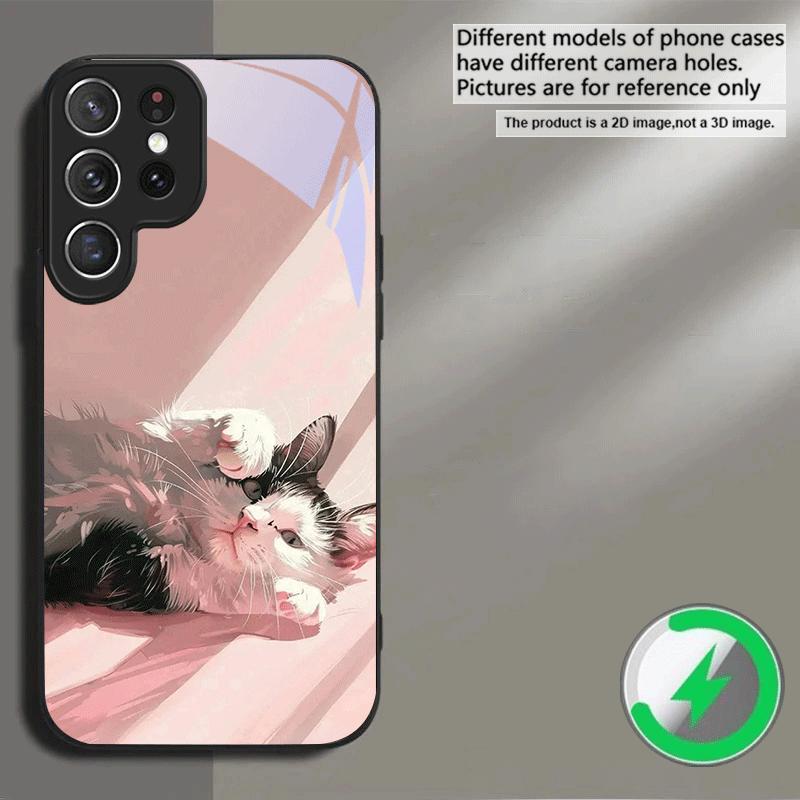Cute White Flower Cat For Samsung S26 S20Ultra S21 Pro S22 Plus S23 FE S24 Ultra S25 For Magsafe Edge Glass Phone Case