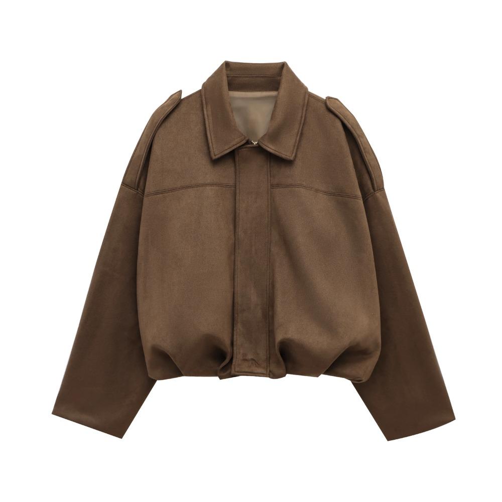 Women Suede Jacket Loose Casual Bomber Coat Lapel Zipper Long Sleeve Jackets Vintage Lady Motorcycle Outwears