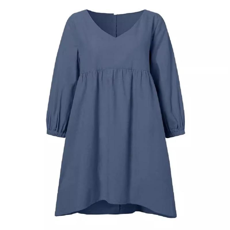 Autumn Solid Cotton and Linen Casual Shirt Women V-neck Pleated Lantern Sleeve Plus Size Blouse Women Tops Fashion Elegant Vintage Lady Shirts 24688
