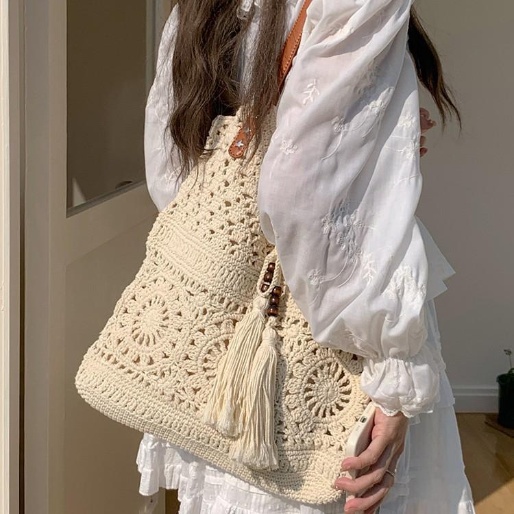 Large Capacity Single Shoulder Cotton Thread Woven Bag, Women's Hollow Mesh Tote Bag, Beach Vacation Beach Bag