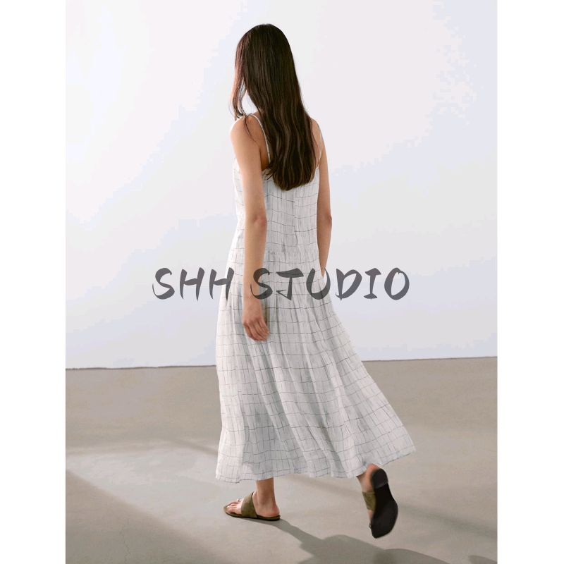 MD Summer New Arrival Women's Clothing Island Vacation Style Gentle French Plaid Mid-Length Sling Dress 6606865