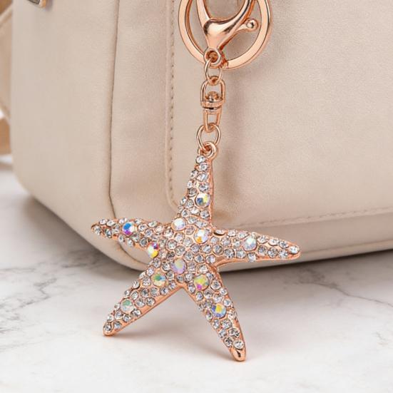 Keychain Sparkling Rhinestones Inlaid Starfish Design Keychain Pendant Enamel Oil Drip Process Smooth Edges Spring Buckle Key Holder Backpacks