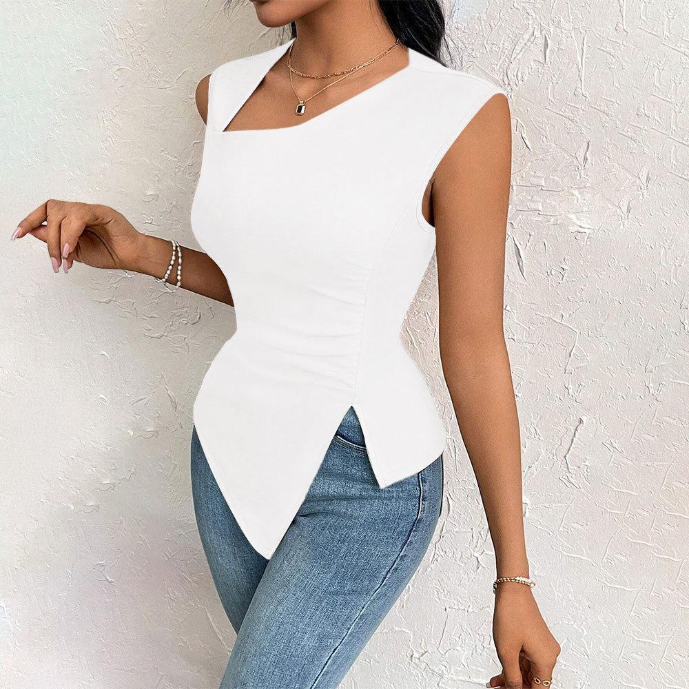 Women's clothing European and American elegant style T-shirt spring and summer new diagonal collar slim short solid color top
