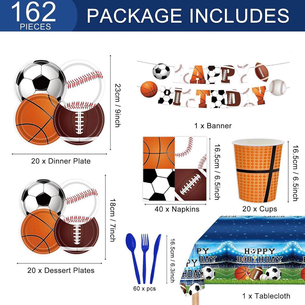 In-Stock Mixed Sports Party Decorations: Football, Basketball, Rugby Paper Plates & Tablecloths
