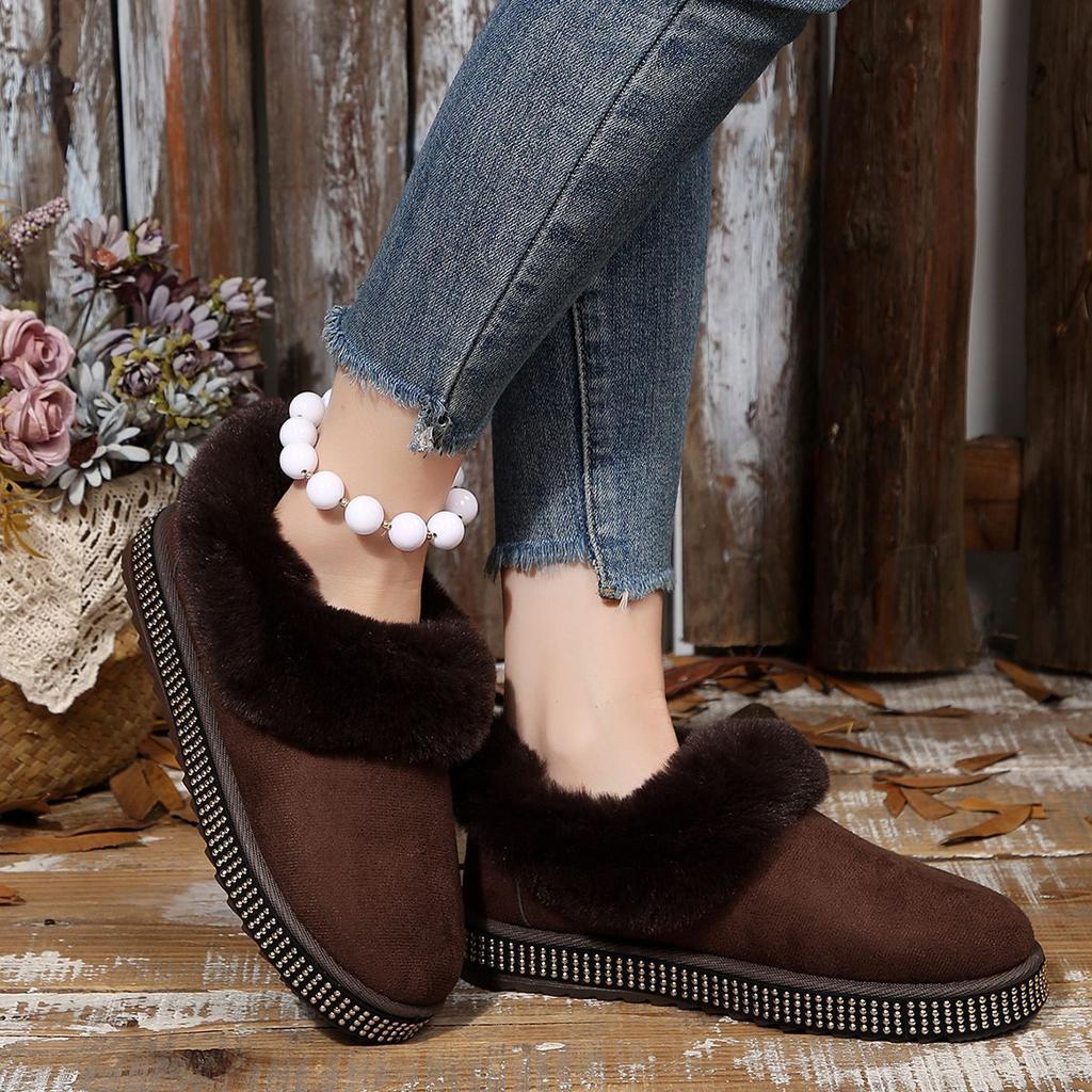 Thick-soled velvet thickened warm foreign trade snow boots 2025 winter new round head one-pedal rhinestone decorative fluffy shoes