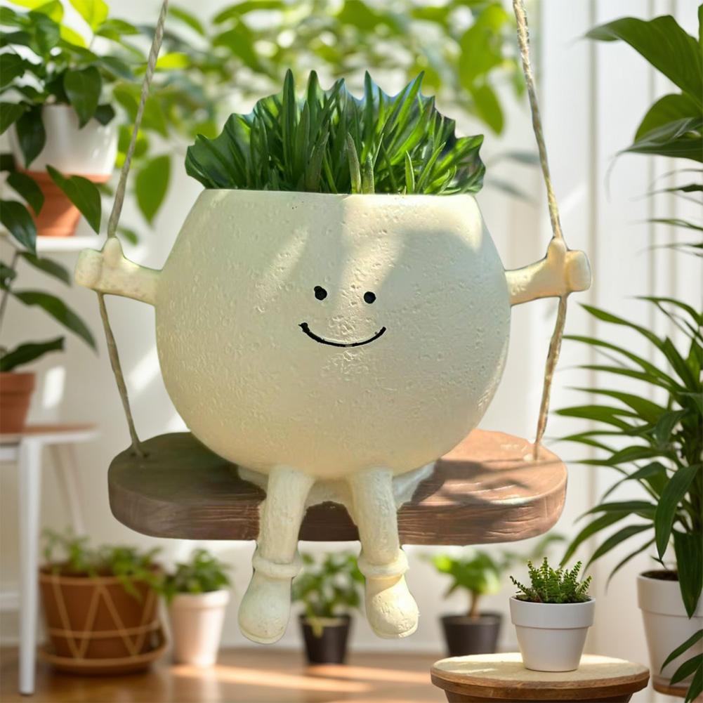 Rocking Chair/Swing Face Planter Pot Lovely Resin Head Pots Cute Succulent Planter Garden Supplies for Indoor Home Hanging Decor