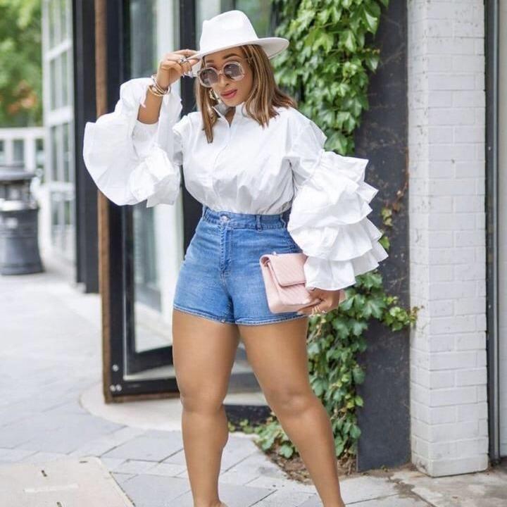 Stylish Shirt Women's Layered Ruffled Flared Sleeve Shirts Loose Stand-up Collar Tops