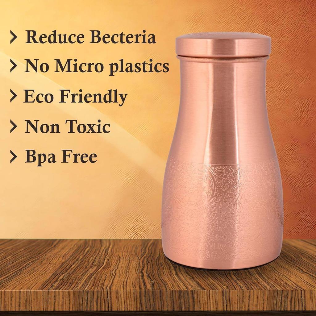 Copper Bedroom Jar with Inbuilt Glass | Carving Design | Handcrafted, Leakproof, Jointless | Ayurvedic Benefits, Antioxidant Properties | 1200 Ml