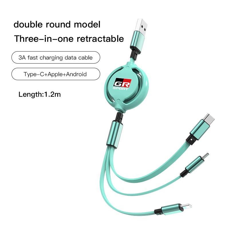 3 In 1 Retractable Mobile Phone Fast Charging Cable For Toyota Corolla Camry Asian Dragon Supra Hilux Land Cruiser GR SPORT TRD