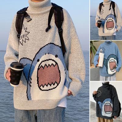 Herren-Winterpullover, hoher Kragen, Nackenschutz, lange Ärmel, dick gestrickt, warm, locker, Cartoon-Haifisch-Druck, Herbstpullover für die Schule