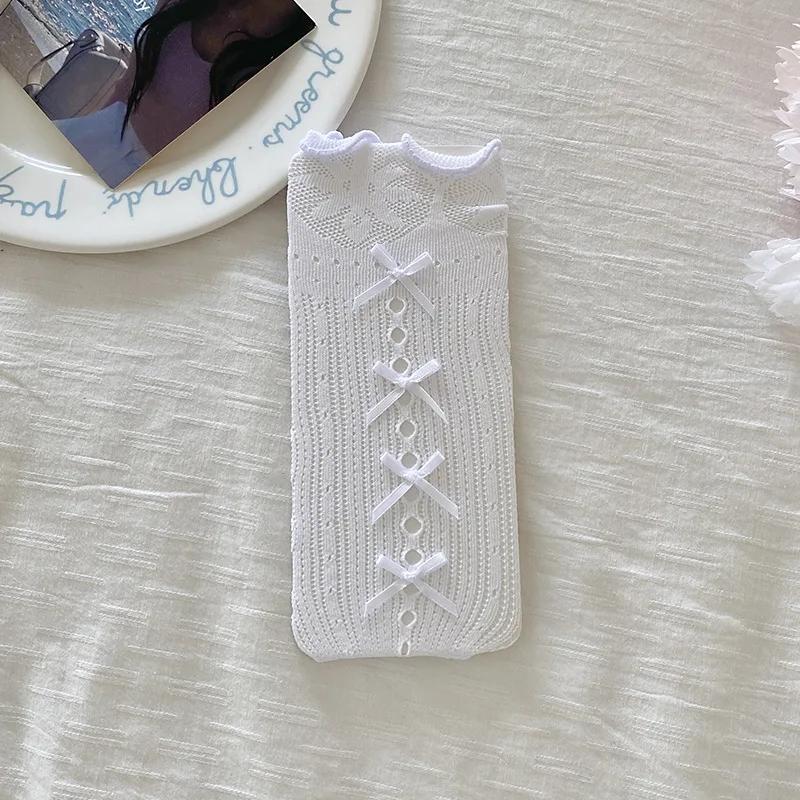 

Носки для девочек, летние тонкие длинные носки-трубы, маленькие дырочки, маленькие бантики, кружевные носки, милые корейские носки в стиле Лолиты для малышей и мужчин, кружевные носки one size белый