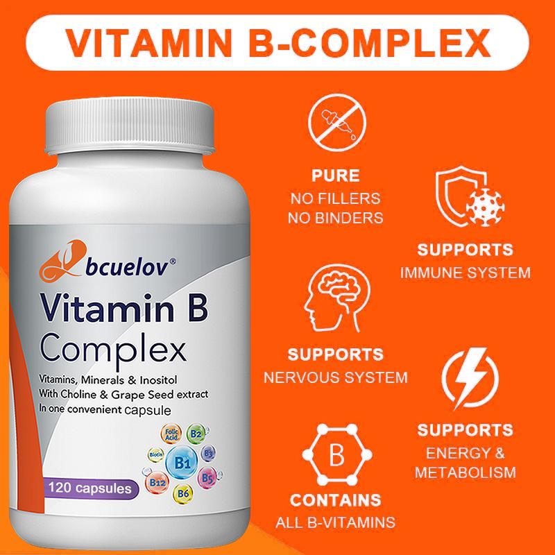 Bcuelov Complex Vitamin B Capsules Choline Grape Seeds Boost Energy 120 Vegetarian Capsules