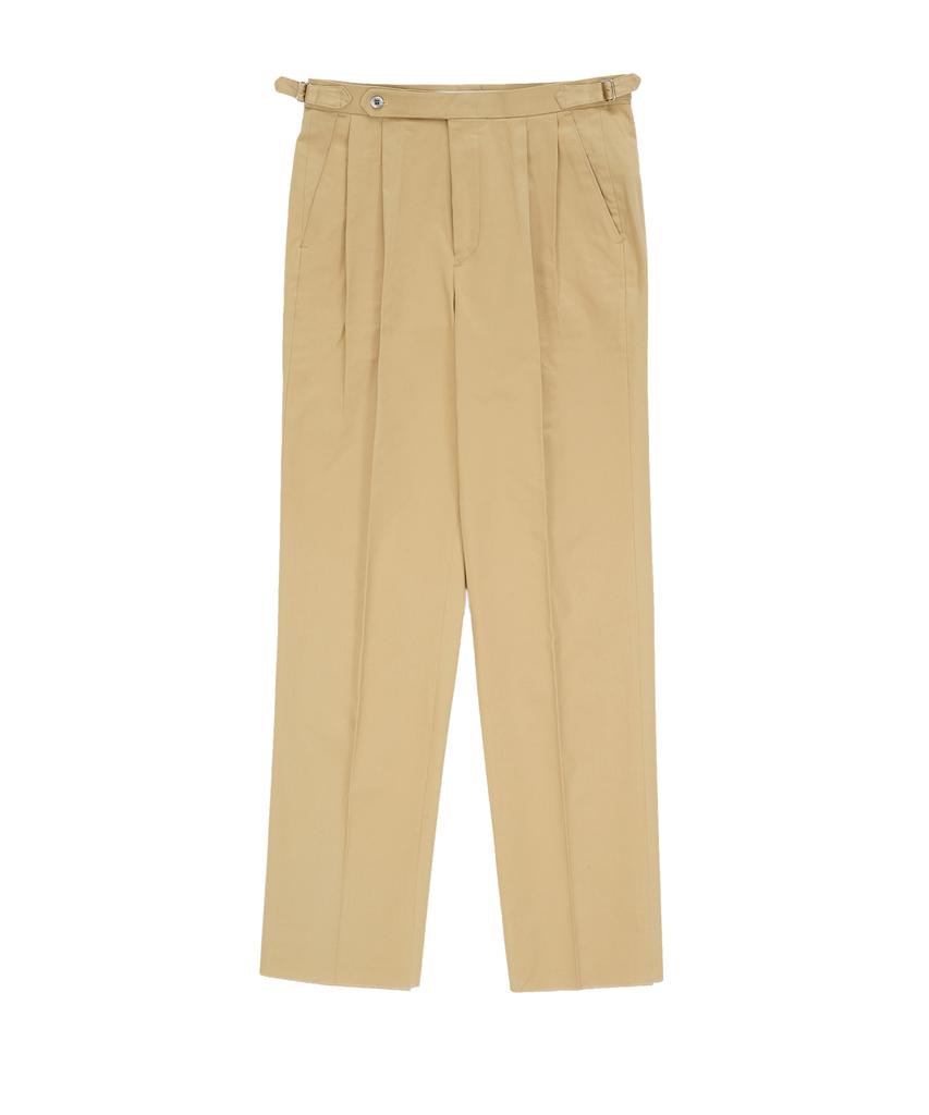 BELLIEF Cotton Adjust Double Pleats Relaxed Chino Pants (Beige)