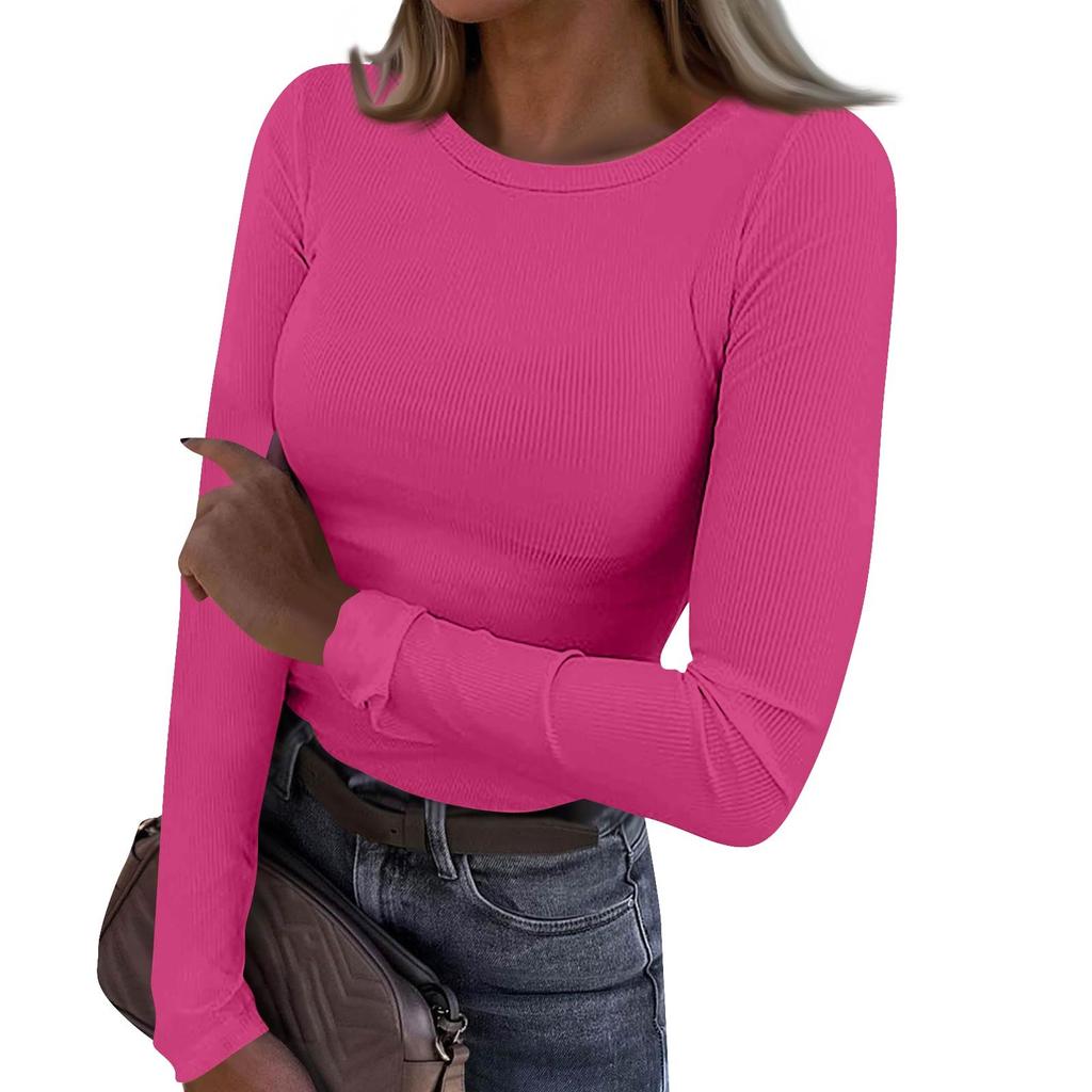 Women's  And Winter Slim Bottom T-shirt Fashion Casual Solid Color O-Neck Pullover Long Sleeve Top