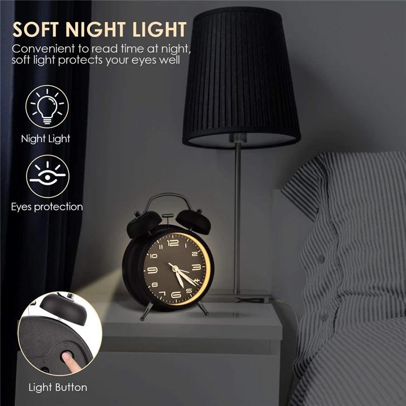 Metal Frame Twin Bell Alarm Clock - 4 Inch 3D Dial with Backlight Loud Battery-Powered Desk Clock for Home & Office Use