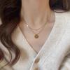 Gold Cross Titanium Steel Round Pendant Necklace - Double Layer Fashionable Clavicle Chain for Women