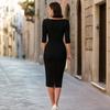 Abito Midi Bodycon aderente da donna senza spalle con maniche a tre quarti e pieghettato per eventi serali