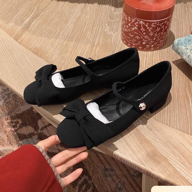 

Туфли Мэри Джейн с бантом на толстом каблуке для женщин, осень/зима, французские балетки на низком каблуке для поездок на работу 36 чёрный