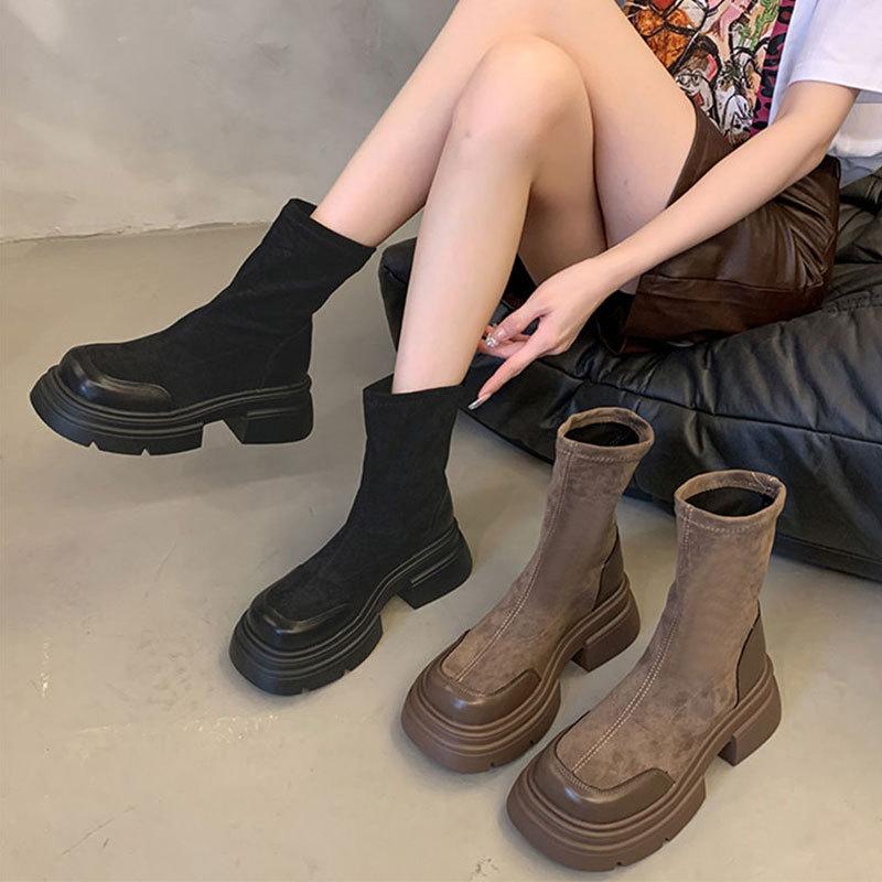 Platform short boots women's 0000 new early spring elastic thin boots retro British Martin boots Chelsea single shoes