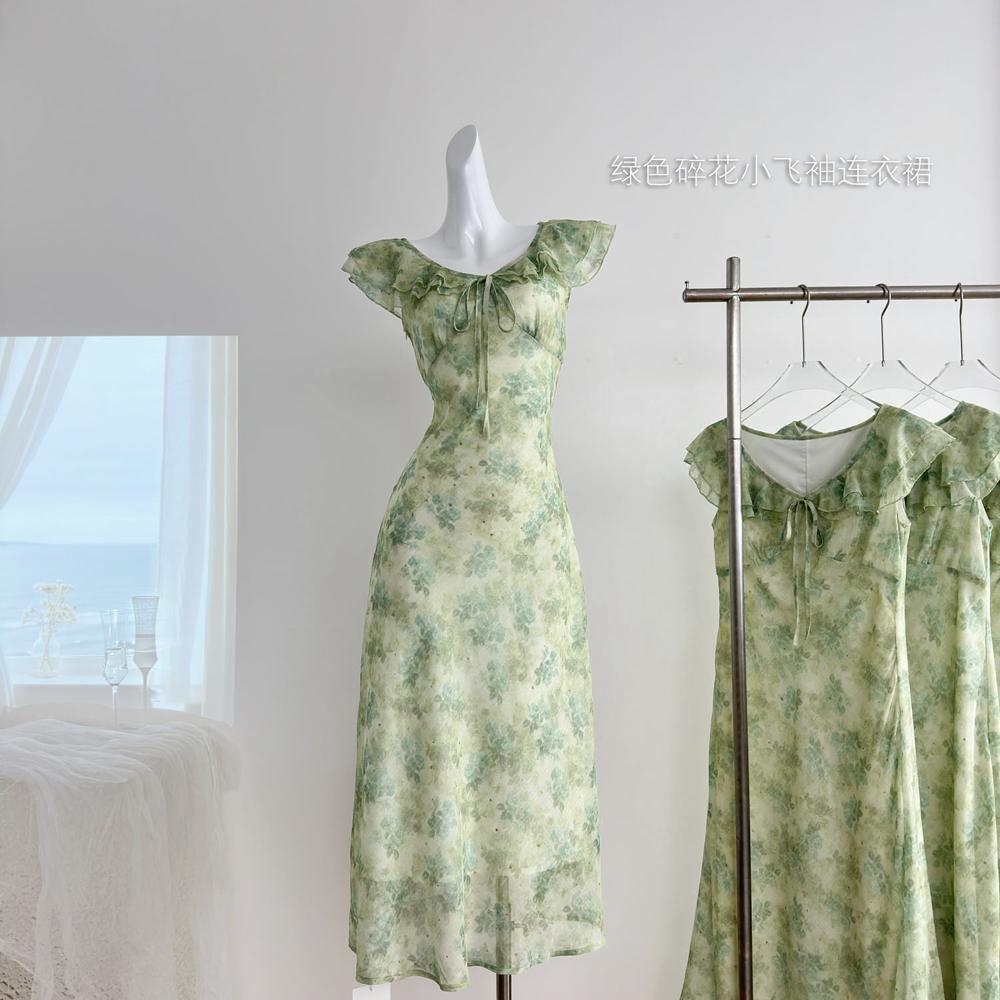 Wear fresh and elegant temperament waist dress in early summer, casual women's gentle flying sleeves, sweet skirt, floral long dress