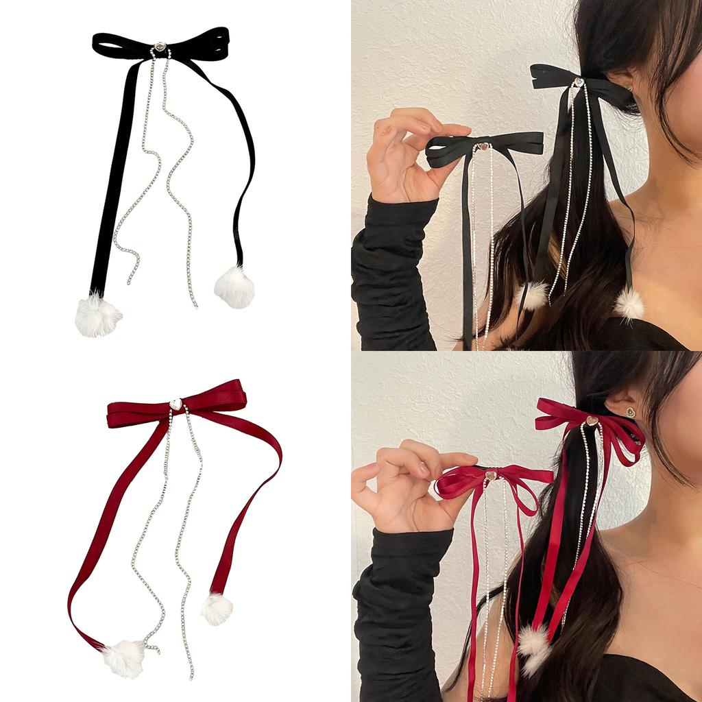 Cute Sweet Girly Bow Hair Clip Bow Long Ribbon Y2K Pompoms Bow Bunches Rhinestones Sweet Balletcore Style