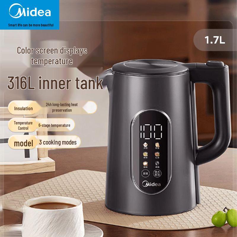 Умный электрический чайник Midea - Нержавеющая сталь, 1.75 л, Поддержание температуры, Подогрев, Полностью автоматический. чёрный