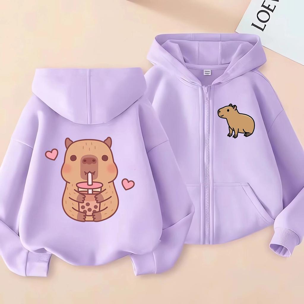 Cute Capybara Graphic Zip Hoodie for Girls Kids Cartoon Animal Print Long Sleeve Hooded Jacket With Pocket Loose Daily Outfit