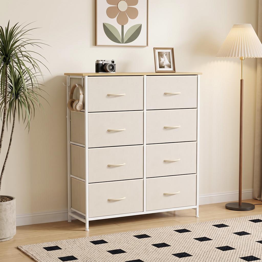 Chest of Drawers, Dresser with 8 Fabric Drawers, Tall Storage Unit with 4 Pockets and 2 Hooks Steel Frame, Beige