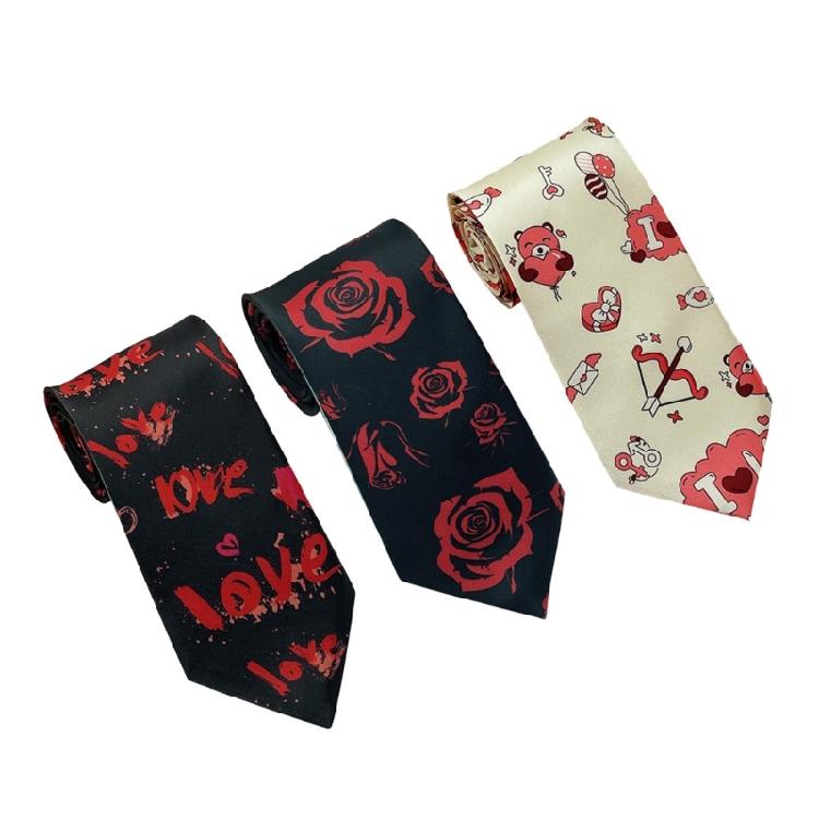 Modern Mens Silk Textured Necktie Rose Heart Bear Pattern Long Tie For Formal Event And Casual Outings Adjustable Fit
