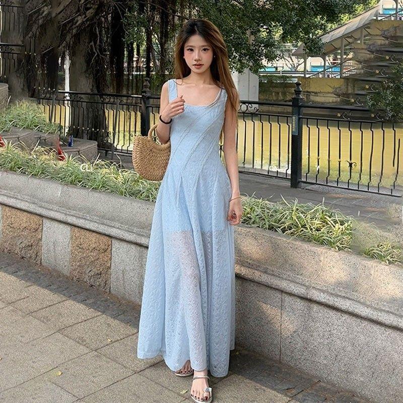 French temperament thin blue lace suspender dress women's summer new seaside vacation style beautiful long skirt