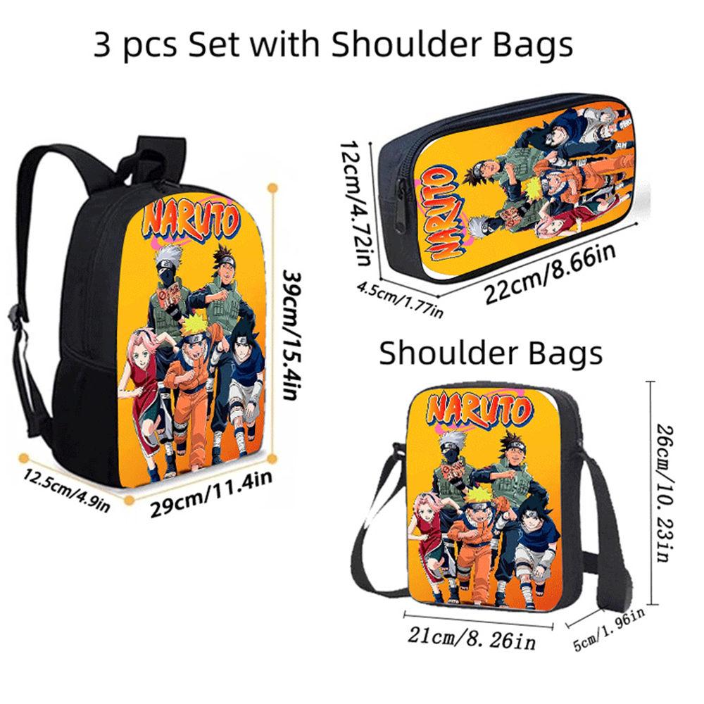3Pcs Set Kids Backpack with Crossbody Bag & Pencil Bag, Cartoon NARUTO Lightweight School Bag for Boys & Girls Aged 5-9