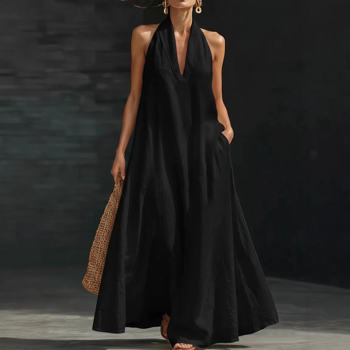European and American cross-border women s clothing Amazon TikTok 2026 new summer women s casual solid color V-neck dress S чёрный