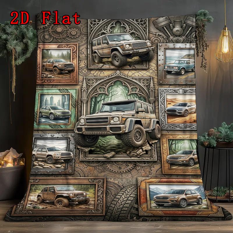 Vintage Car Collage 2D Flat Pattern Flannel Blanket, High Quality All Seasons, Home Decor, Warmth and Comfort, Perfect for Christmas Gifts.