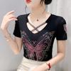 Haut Femme Sexy de Haute Qualité avec Design Croisé en V Débardeur Brillant Papillon Diamants Chauds Été Marque Féminine Élastique Slim T-shirts en Maille