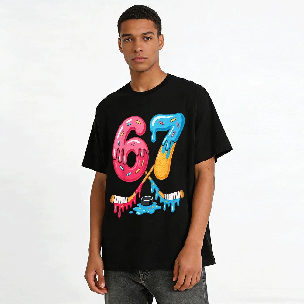 Cute 67 Donut Ice Hockey Print Casual Short Sleeve T-Shirt Pure Cotton T-shirt
