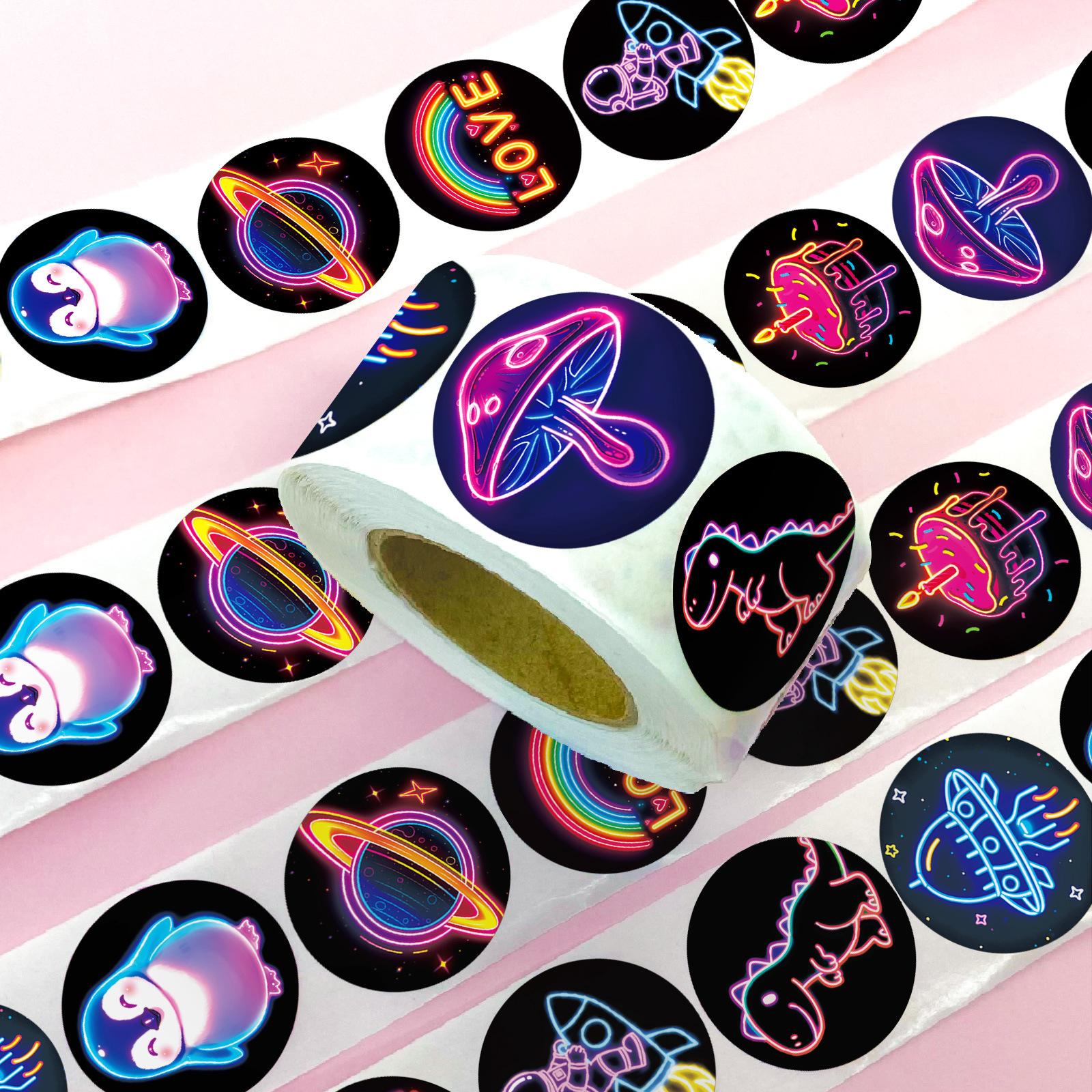 

500 Sheets/Roll Neon Roll Sticker Cartoon Rocket Cake Dinosaur 8 Patterns Loop Roll Roll Dot Sealing Sticker