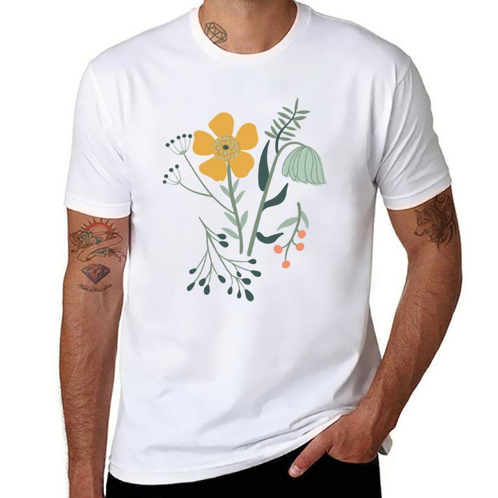 Coral Mustard Blue Botanical Garden Floral Print TShirt Work Style Casual TShirt
