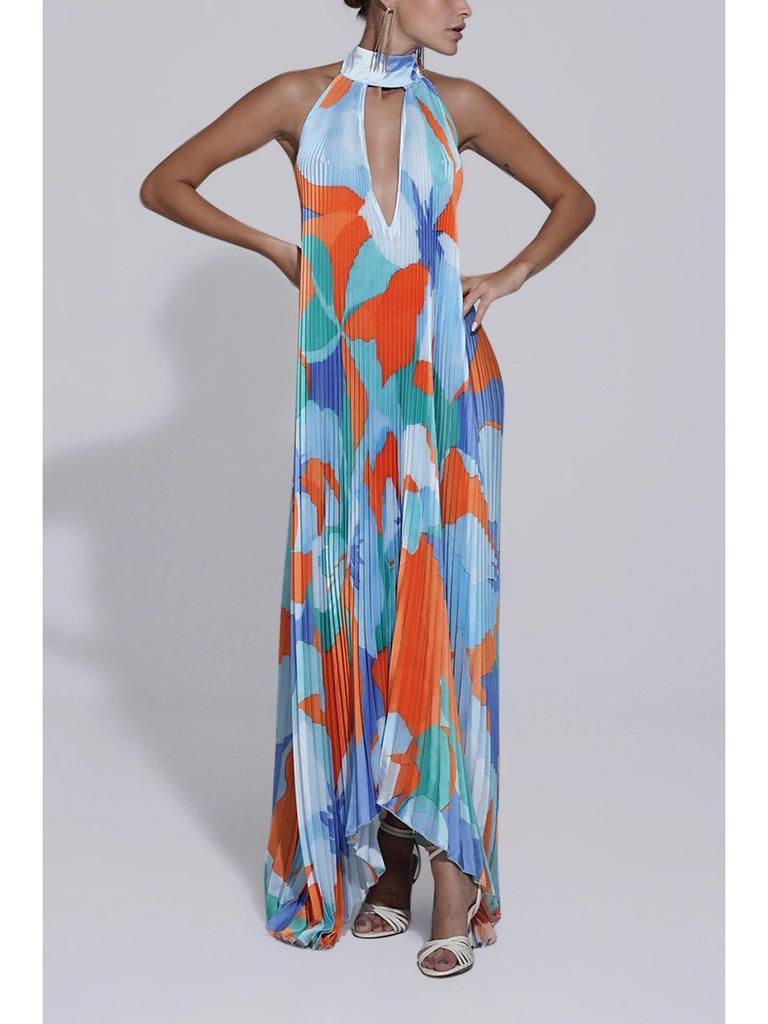 Sommer Neckholder Tiefes V Rückenfrei Ärmellos Floral Plissiertes Schwingkleid