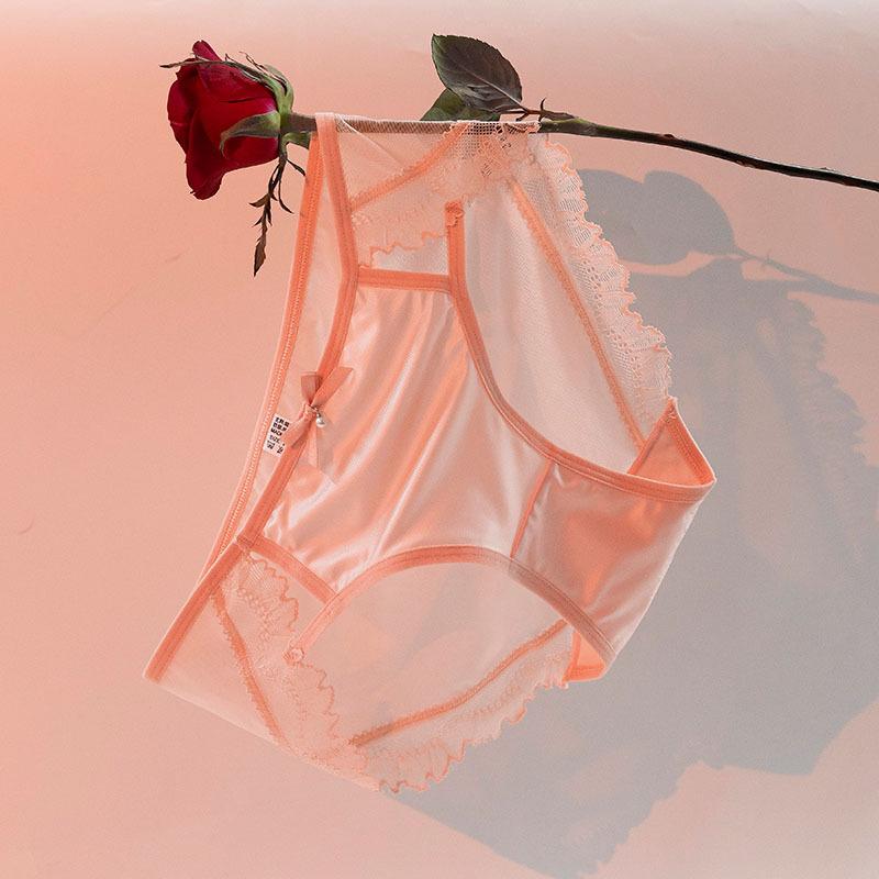 Women's Summer Fashion Satin Sexy Lace Semi Transparent Mesh Triangle Panties