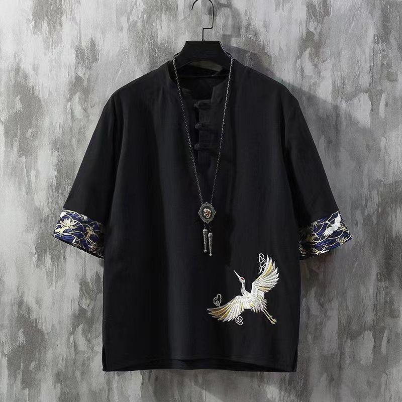 Chinese Style Disc Button Linen T-shirt Mens Summer Short-sleeved Tang Shirt Loose Large Size T-shirt Japanese Kimono Men