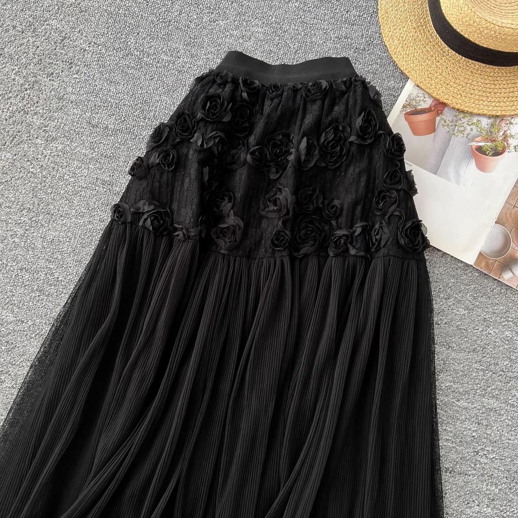 DIMANAF 2025 Sommer Frauen Neue Röcke Vintage Elastische Plissee Elegante Weiße Lange Röcke Spitze