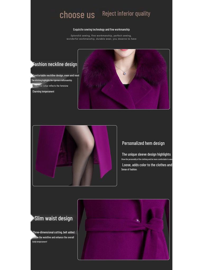 Women's Mid-Length Korean Wool Coat with Fox Fur Collar – Autumn/Winter
