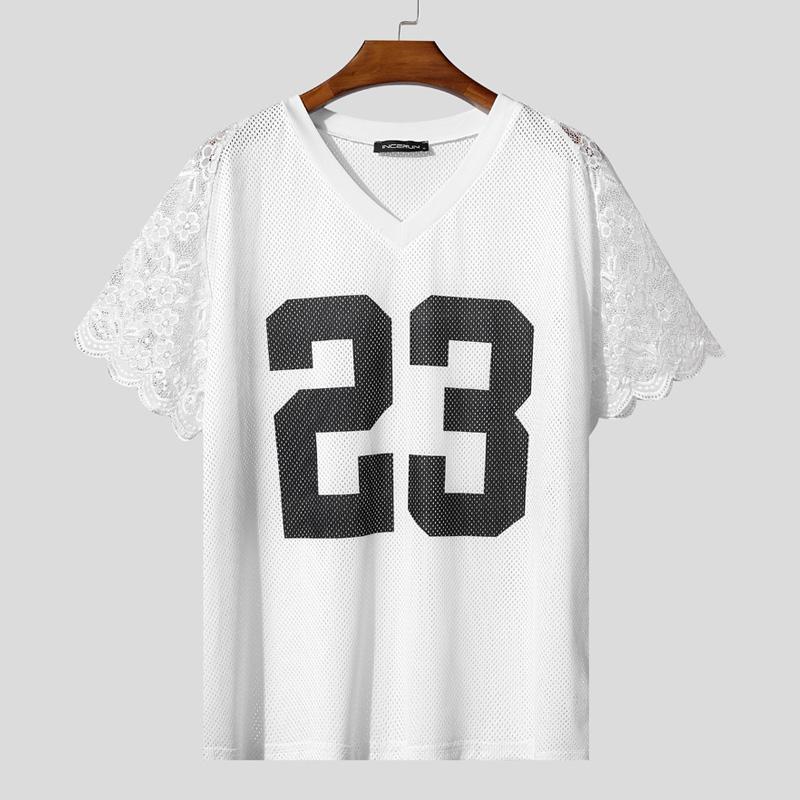 

INCERUN Men Lace Short Sleeve Hollow Patchwork Print Loose T-shirts Tee M