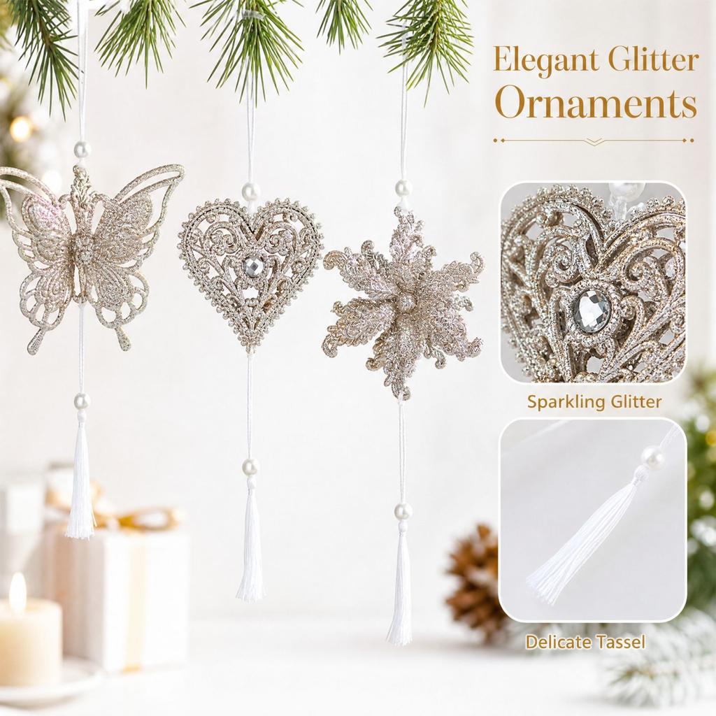 Christmas Tree Decorations, Glitter Hollow Snowflake Heart and Butterfly Hanging Ornaments, Tassel Flower