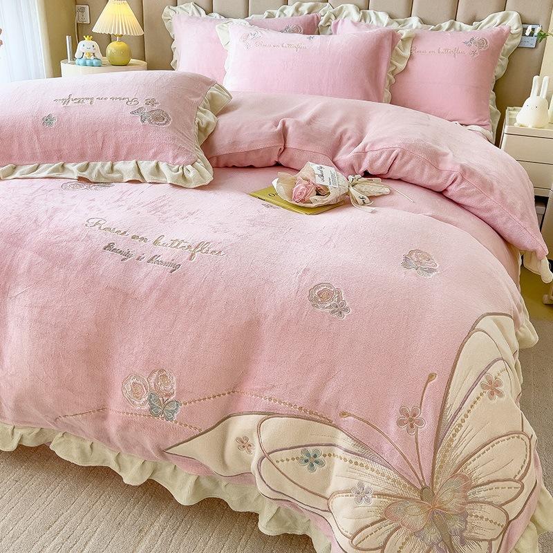Princess Wind Thickened Milk Coral Fleece Bed Four-Piece Set Fleece Bedding Plush Quilt Cover Bed Sheet Person