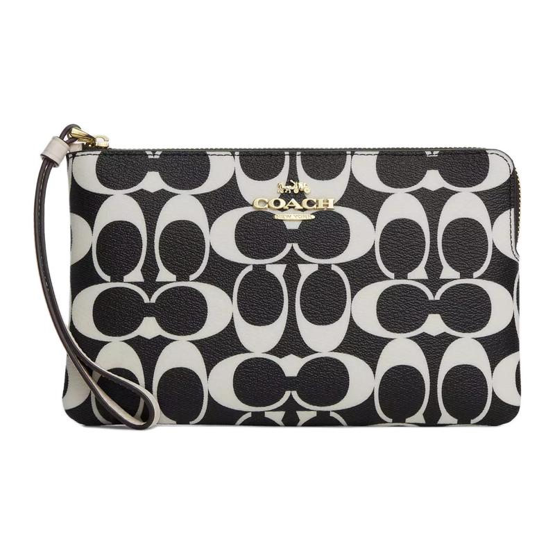 

COACH Corner ZipWristlet 20 Brand Logo Classic Presbyopia Zipper Coated Canvas and Smooth Leather Wrist Bag Mahjong Bag Clutch Small Women s Black чорний