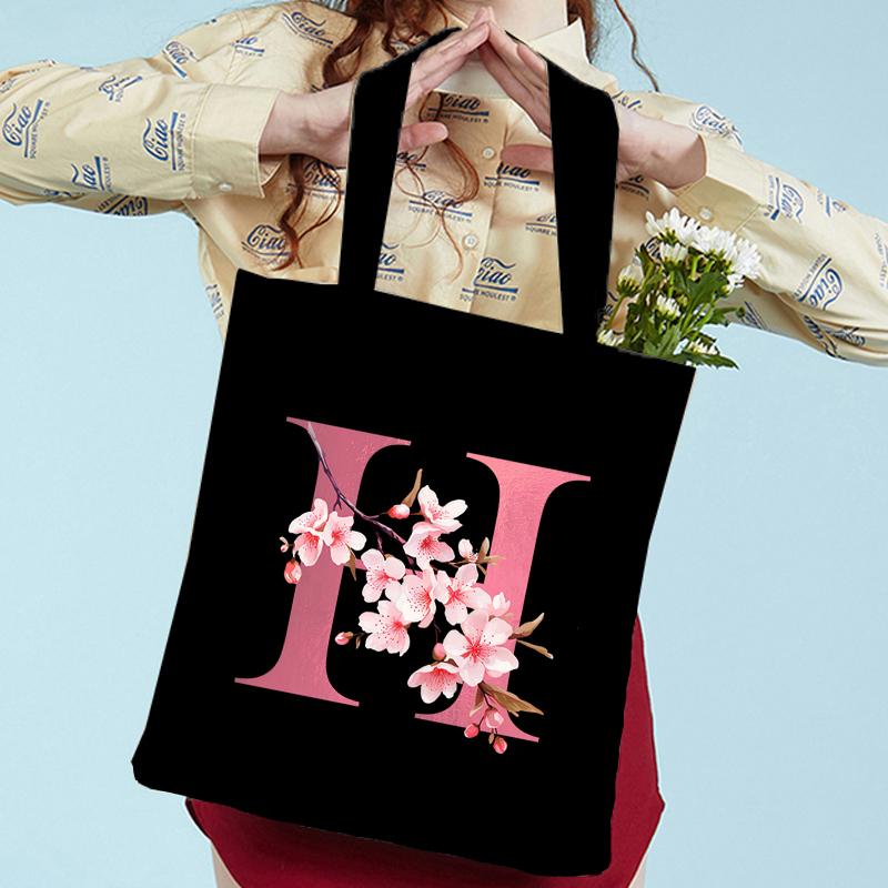 Pink Sakura Handbags Women Eco Reusable Tote Bag Cherry Blossom College Canvas Bag Vintage Sakura Alphabet Ladies Shoulder Bag