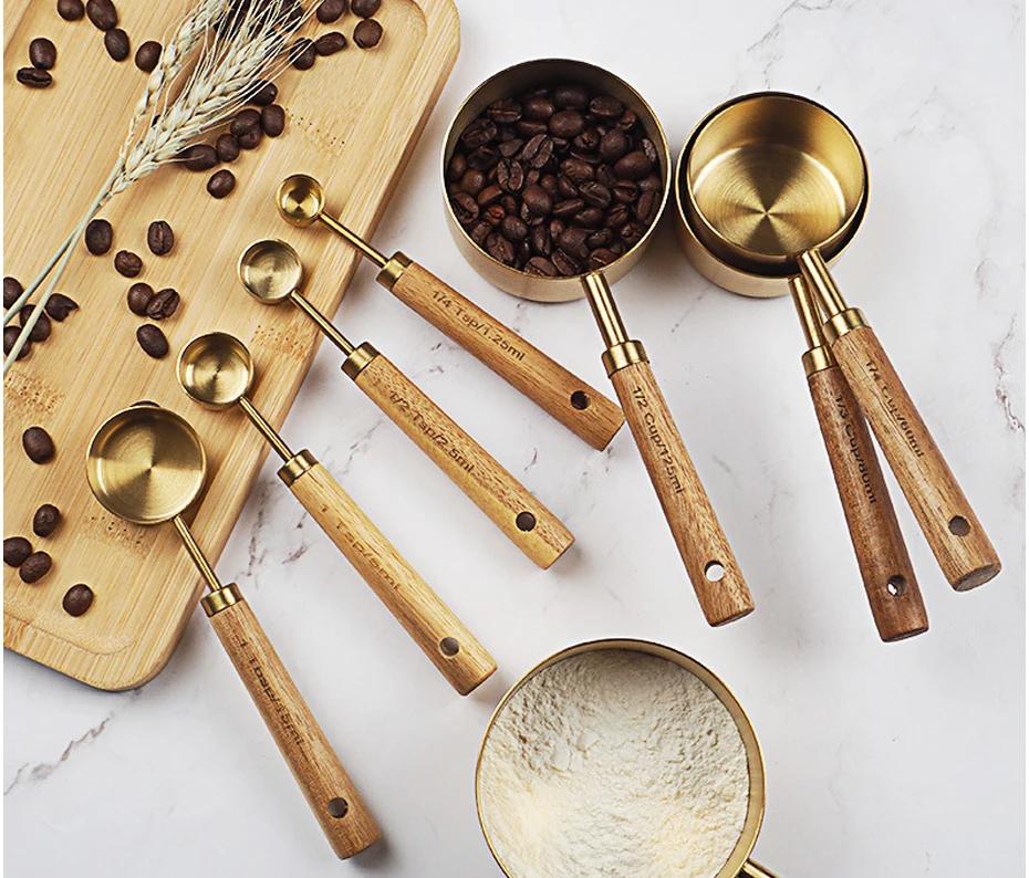 8-delige Gouden Roestvrijstalen Maatlepels Set met Houten Handvat voor Bakken Koffie Koken Keukengereedschap