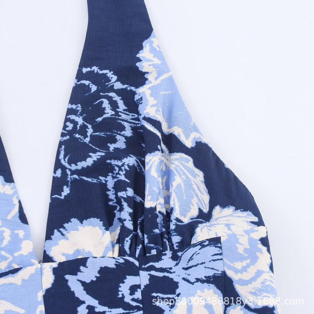 Women's New European and American Style Printing Neck Collar Midi Dress