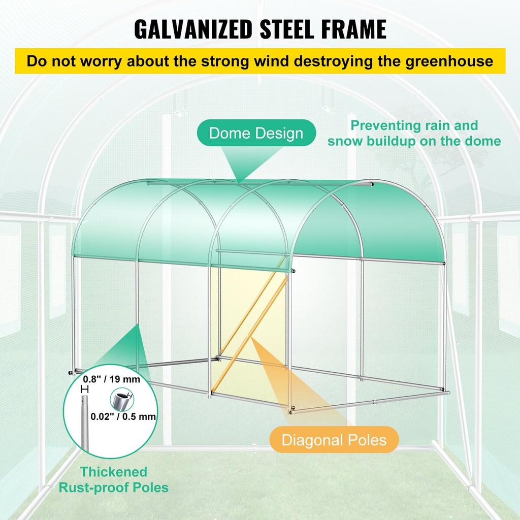 Walk-in Tunnel Greenhouse, 10 x 7 x 7 ft Portable Plant Hot House w/ Galvanized Steel Hoops, 1 Top Beam, Diagonal Poles, Zippered Door & 6 Roll-up